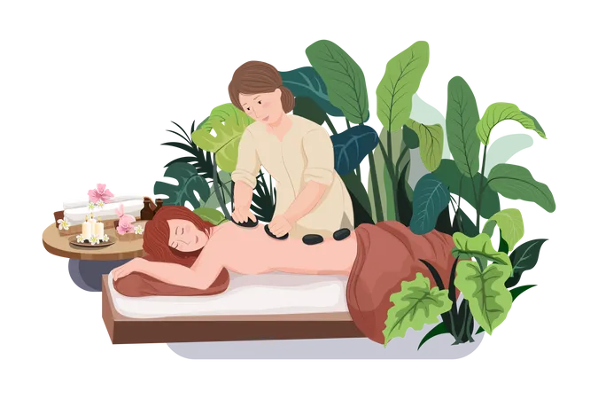 Woman giving stone massage therapy to woman  Illustration