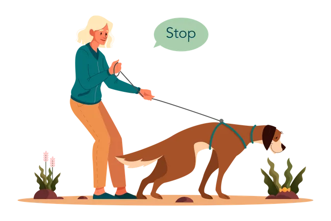 Woman giving stop command to dog Illustration