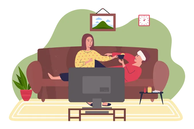 Woman Giving Tea To Sick Man With Compress On His Head People Stay At Home In Self Isolation Sick Characters Watching TV In Quarantine Male Character Drinking Tea With Lemon Vector Illustration Illustration