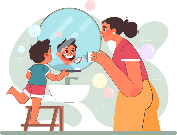 Woman giving toothpaste to son  Illustration
