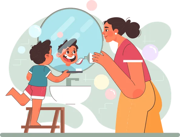 Woman giving toothpaste to son  Illustration