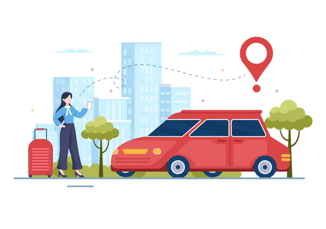 Car Rental Booking Reservation And Sharing Using Service Mobile Application With Route Or Points Location In Hand Drawn Cartoon Flat Illustration Illustration