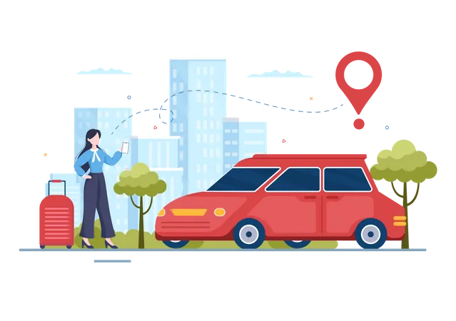 Woman go to location for rental car  Illustration