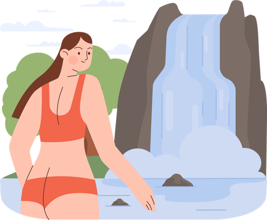 Woman goes for swimming in waterfall  イラスト
