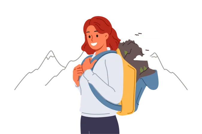 Woman Goes Hiking In Mountains Posing In Outdoor Clothing With Backpack For Personal Belongings Girl Loves Hiking And Traveling Through National Parks Looks At Screen With Smile Illustration