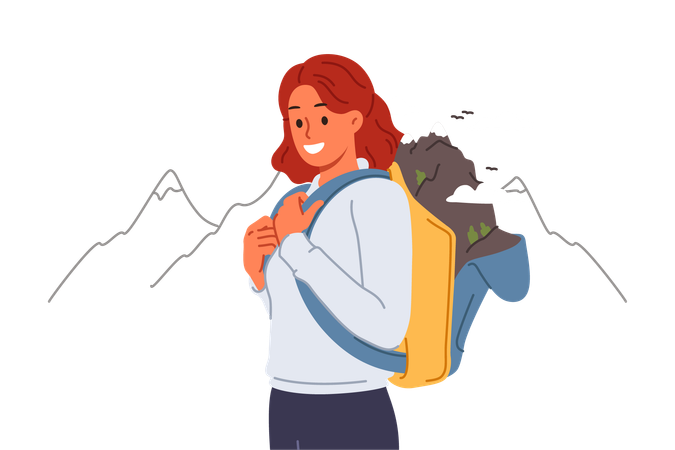 Woman goes hiking in mountains posing in outdoor clothing with backpack for personal belongings  Illustration