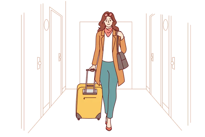 Woman Tourist Is In Corridor Of Hotel Goes With Travel Suitcase After Completing Business Trip Successful Girl With Luggage Checks Into Hotel To Have Good Time During Summer Vacation Illustration
