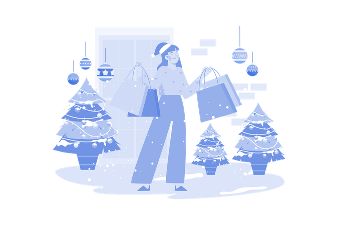 Woman Goes Shopping For Christmas Holiday  Illustration