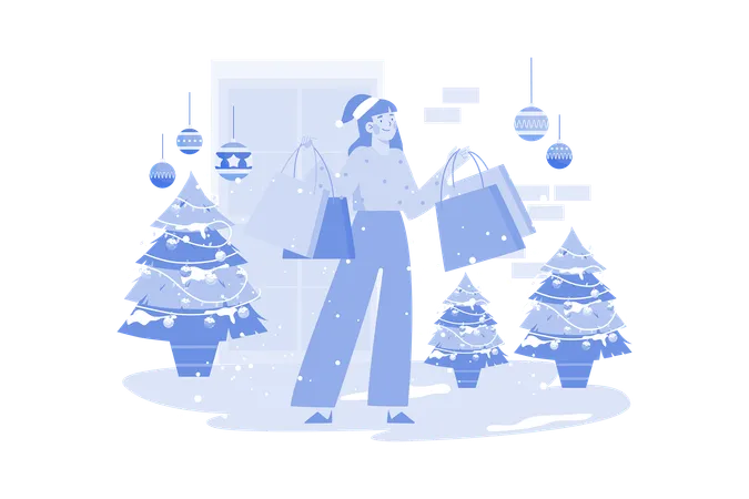Woman Goes Shopping For Christmas Holiday  Illustration
