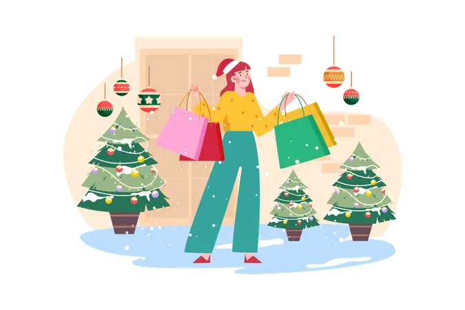 Woman goes shopping for Christmas holiday Illustration