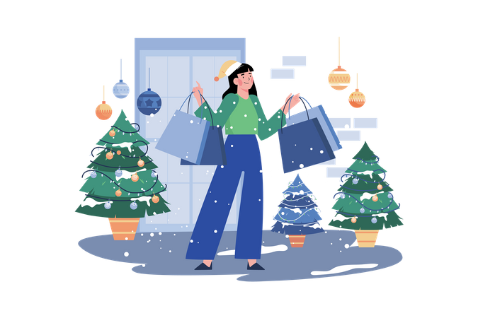 Woman Goes Shopping For Christmas Holiday Illustration
