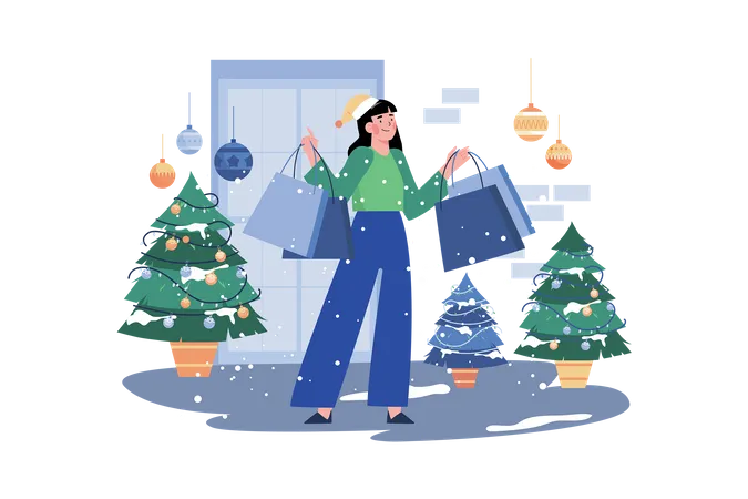 Woman Goes Shopping For Christmas Holiday Illustration