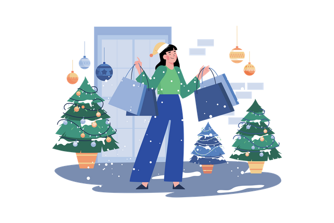 Woman Goes Shopping For Christmas Holiday  Illustration