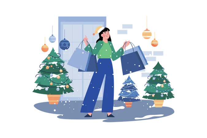 Woman Goes Shopping For Christmas Holiday  Illustration