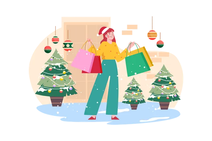 Woman goes shopping for Christmas holiday  Illustration