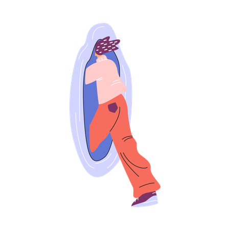 Woman goes through portal while divided body part  Illustration