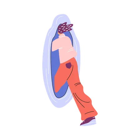 Woman goes through portal while divided body part  Illustration
