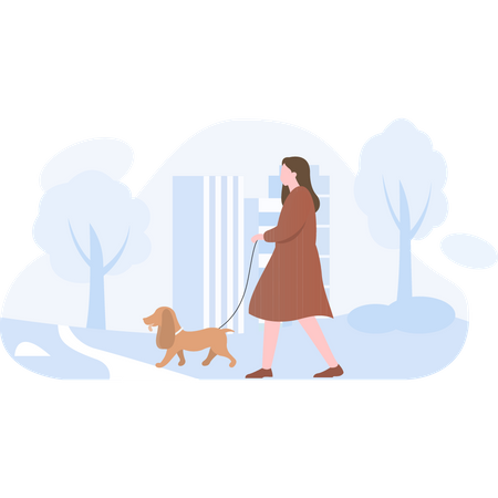 Woman going for a walk with the pet dog  Illustration