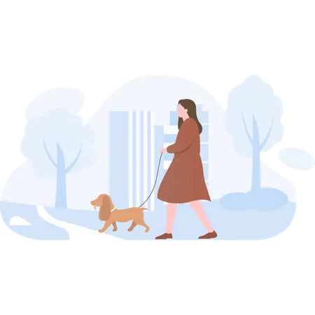 Woman going for a walk with the pet dog Illustration