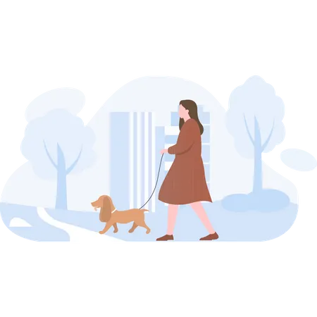 Woman going for a walk with the pet dog  Illustration