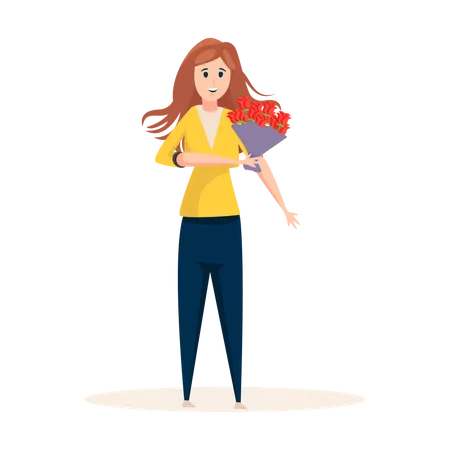Woman going for date with bouquet Illustration