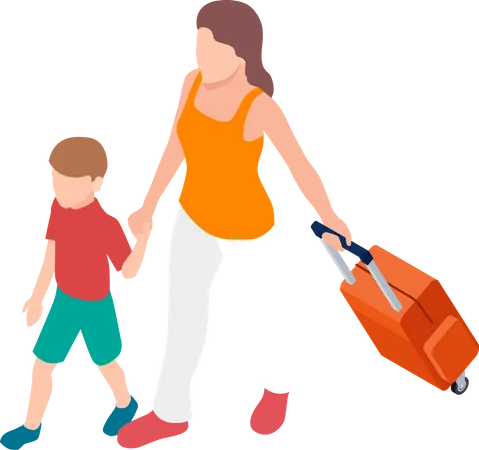 Woman going on flight with son  Illustration