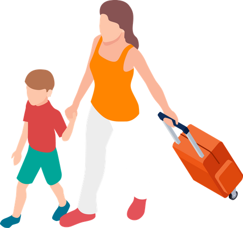 Woman going on flight with son  Illustration