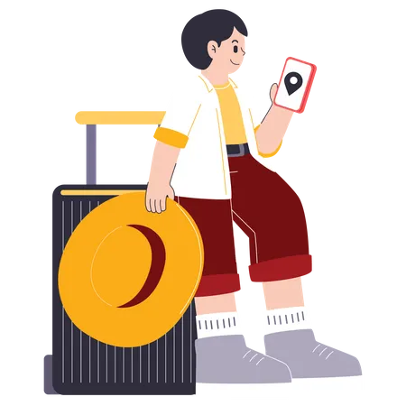 Young Travelers Man And Woman Standing With Suitcase Checking Destination In Map Application On Mobile Phone In Cartoon Character Vector Illustration Illustration