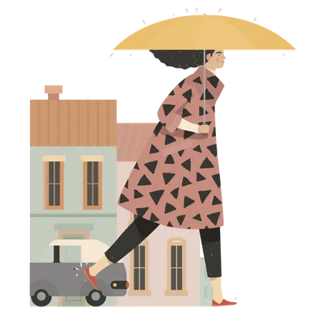 Woman going outside in monsoon  Illustration