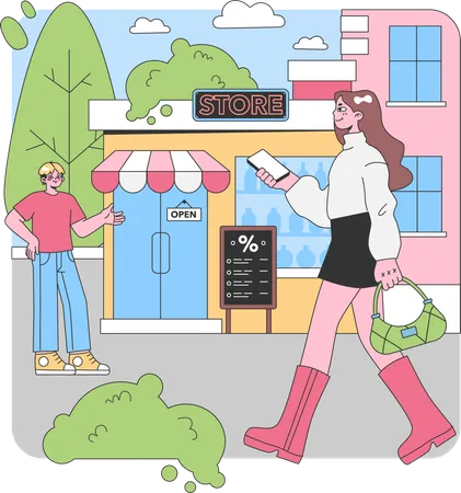 Woman going shopping at store  Illustration