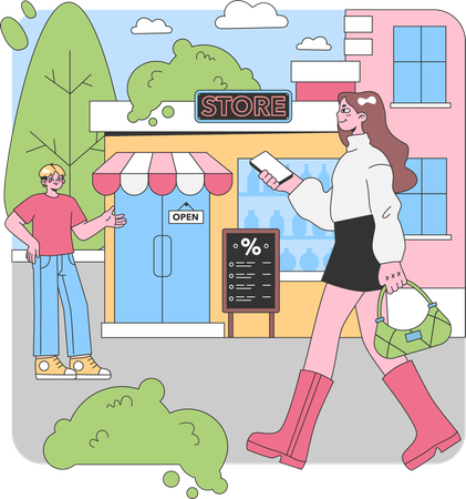 Woman going shopping at store  Illustration