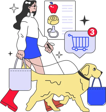 Woman going shopping with dog  Illustration
