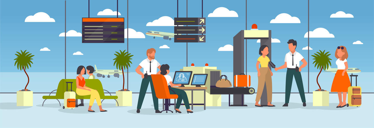 Woman going through the metal scanner in airport Illustration