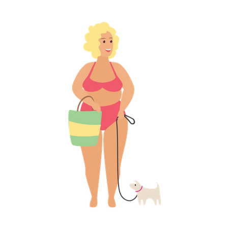 Woman going to beach with pet dog  イラスト