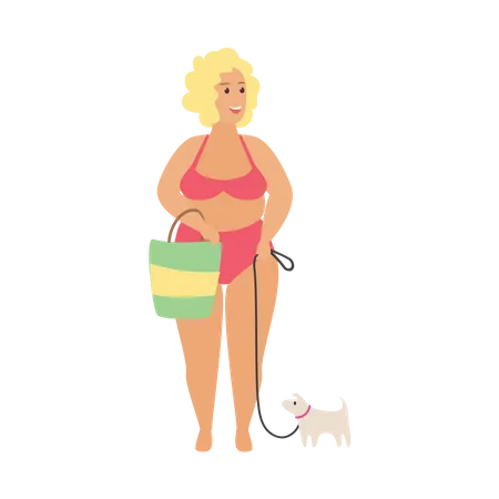 Woman going to beach with pet dog  Illustration