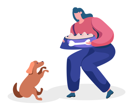 Woman Going to Feed Dog Sitting Paws Up  Illustration