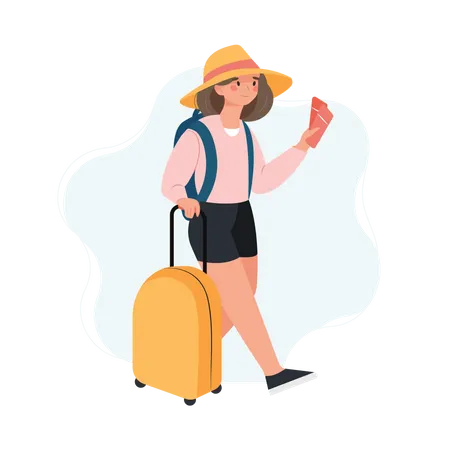 Young Woman With A Yellow Suitcase Goes On Vacation Girl With A Luggage And Boarding Pass Tickets Travel Concept Flat Vector Illustration Illustration