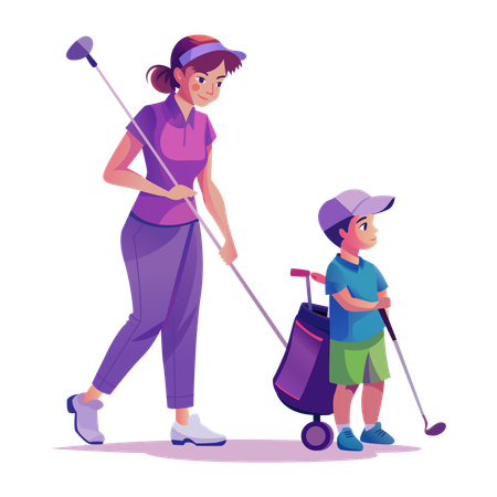 Woman Golfing with kid  Illustration