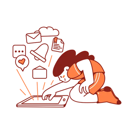 女性はスマートフォンでたくさんの通知を受け取った  イラスト