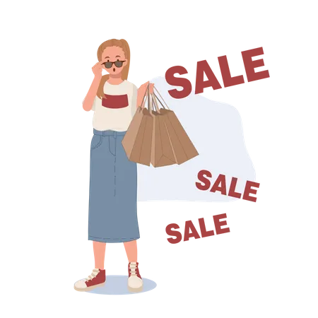 Woman got surprised from shopping sale  Illustration