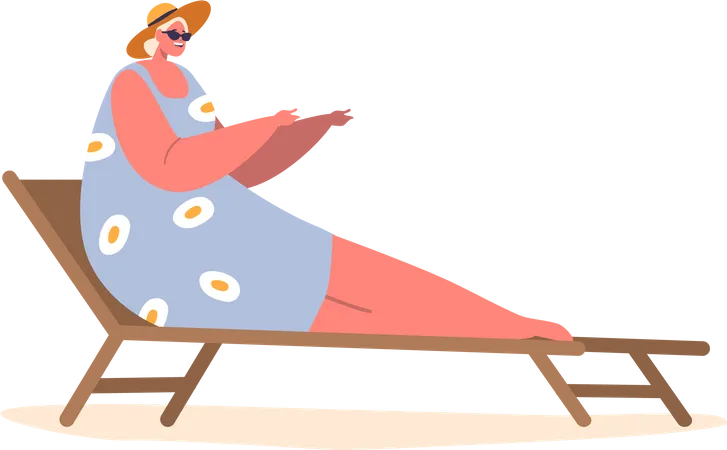 Woman Gracefully Reclines On A Luxurious Daybed Exuding Elegance And Relaxation Female Character Enjoys A Moment Of Tranquility And Comfort At Summer Beach Cartoon People Vector Illustration Illustration