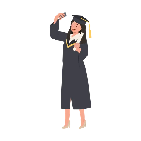 Education Graduation And People Concept Young Woman Graduate Taking Selfie Happy Graduate Captures Selfie Moment Illustration