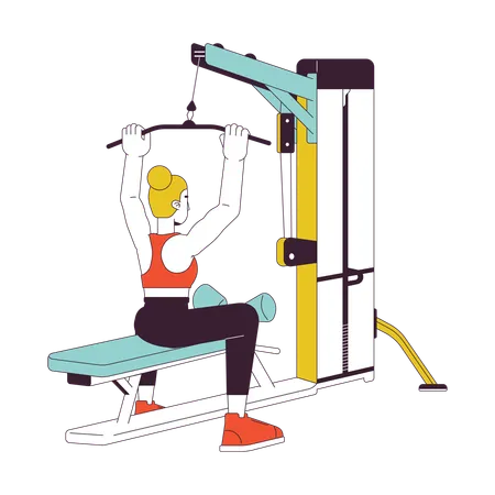 Woman Grasping Bar On Lat Pulldown Machine Flat Line Color Vector Character Editable Outline Full Body Person On White Increasing Back Muscles Simple Cartoon Spot Illustration For Web Graphic Design Illustration