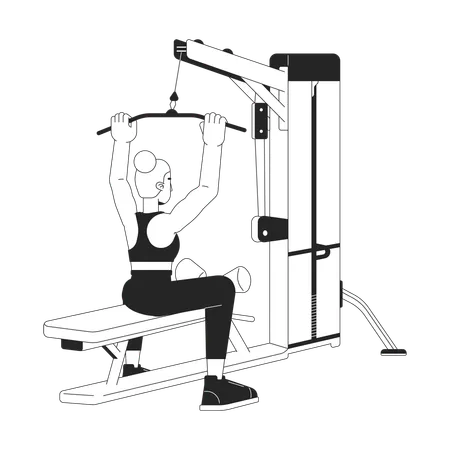 Woman Grasping Bar On Lat Pulldown Machine Flat Line Black White Vector Character Editable Outline Full Body Person Increasing Back Muscles Simple Cartoon Isolated Spot Illustration For Web Design Illustration
