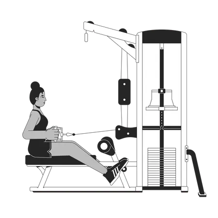 Woman Grasping Cable Attachment On Machine Flat Line Black White Vector Character Editable Outline Full Body Person Seated Row Exercise Simple Cartoon Isolated Spot Illustration For Web Design Illustration