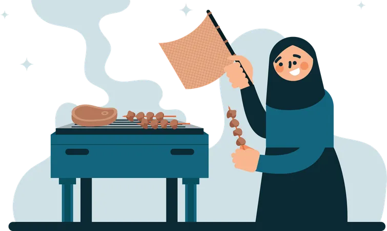The Illustration Of A Woman Grilling Satay Evokes Feelings Of Joy Togetherness And Cultural Richness And Is An Attractive Visual Representation To Promote Eid Celebrations Events And Products Illustration