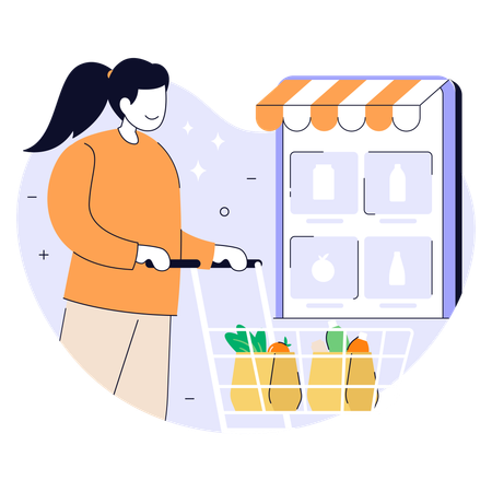 Woman grocery shopping with cart  Illustration