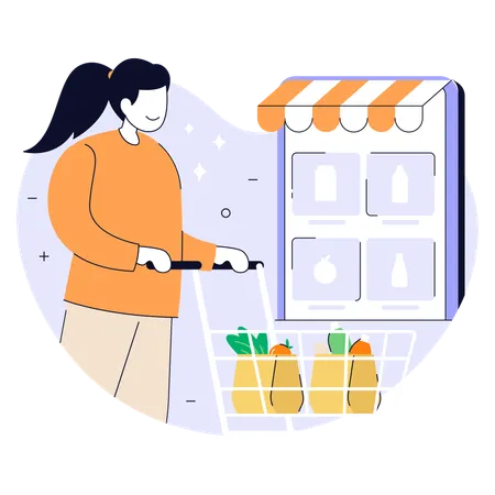 Woman grocery shopping with cart  Illustration