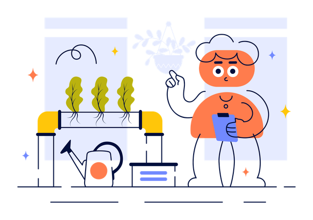 Woman grow plants through Hydroponics Technology  Illustration
