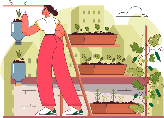 Woman growing indoor plants  イラスト